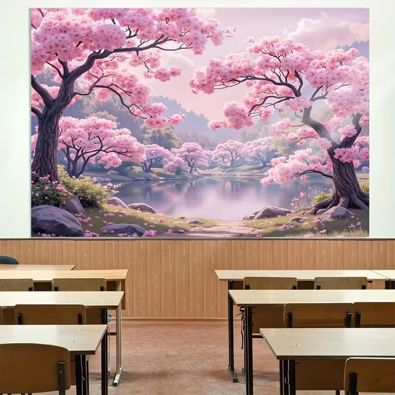 2D Romantic Sakura Garden Backdrop Cherry Blossom Lake Photo Background