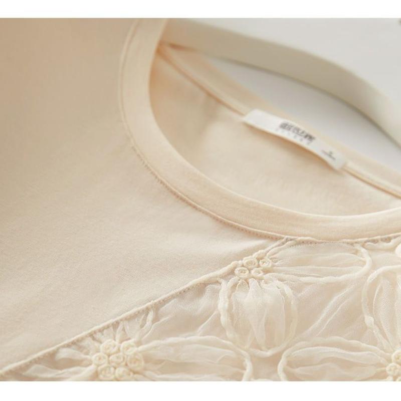 New Summer Women's Solid Color Splicing Lace Floral O-Neck Short Sleeve Thin Loose Korean Pullovers Fashion Casual Tops