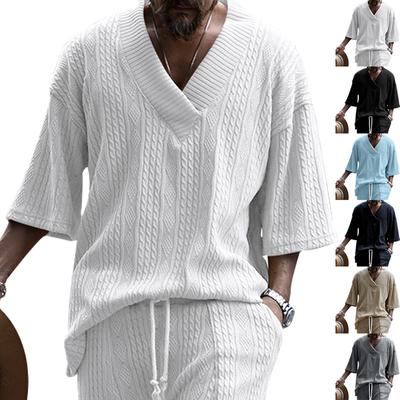Men's Casual Knitted T-shirt Men's Summer Loose Short Sleeved T Shirt Loose V-neck Sports Solid Color T-shirt Men's
