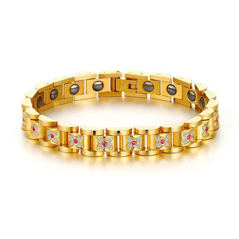 Stainless Steel Magnetic Bracelet With Crystal Floral Design Women Men Fashionable Geometric Style Jewelry