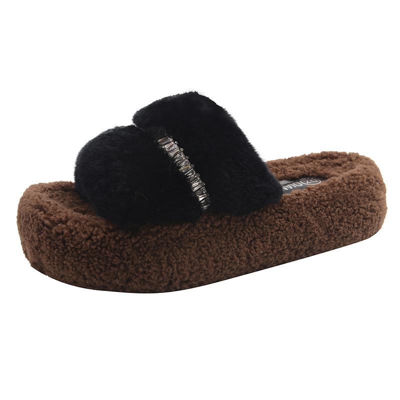 Thick-soled rhinestone fluffy slippers for women to wear 2025 new small versatile cotton slippers foreign style heightening shoes