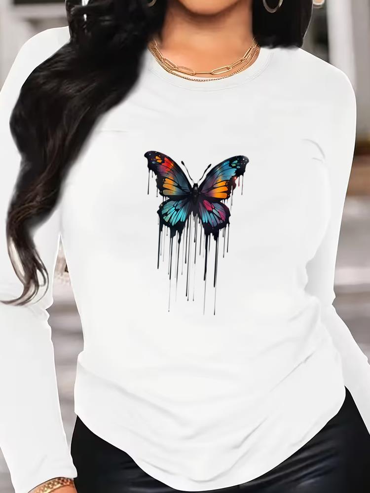 (Asian Size) Tee O-neck Print Autumn Winter Spring Women Clothing 90s Butterfly Trend Casual Long Sleeve T Shirt Fashion Top Graphic T-shirts