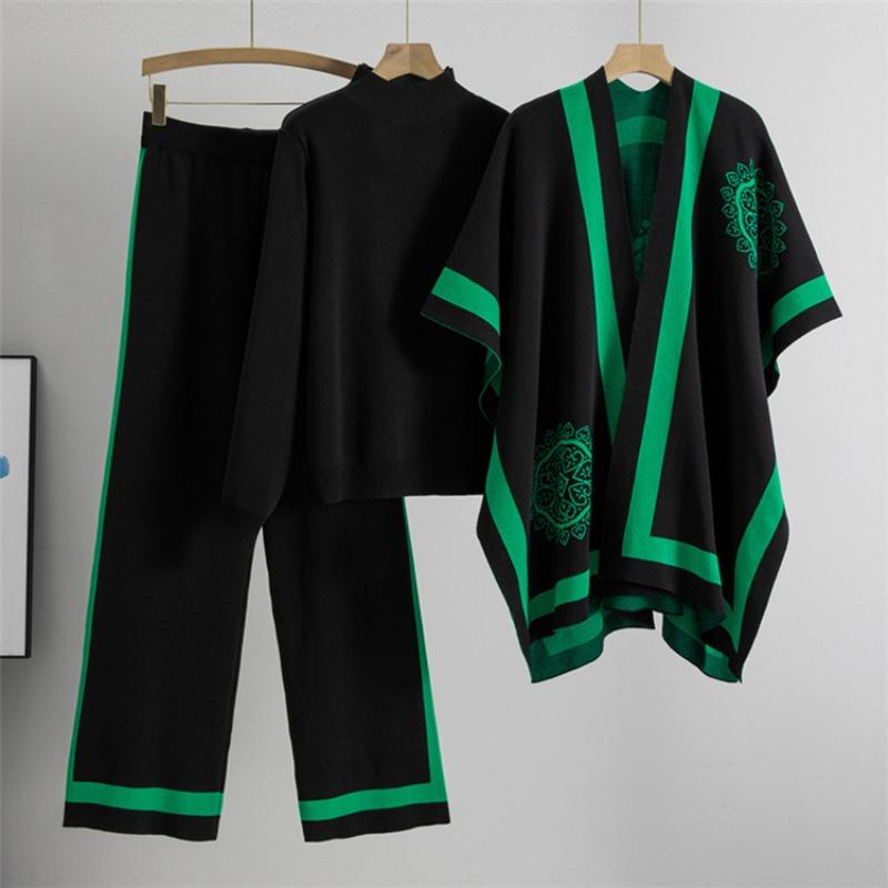 Winter suit design sense color matching long-sleeved versatile high-waisted wide-leg pants sweater knitted cardigan three-piece set women