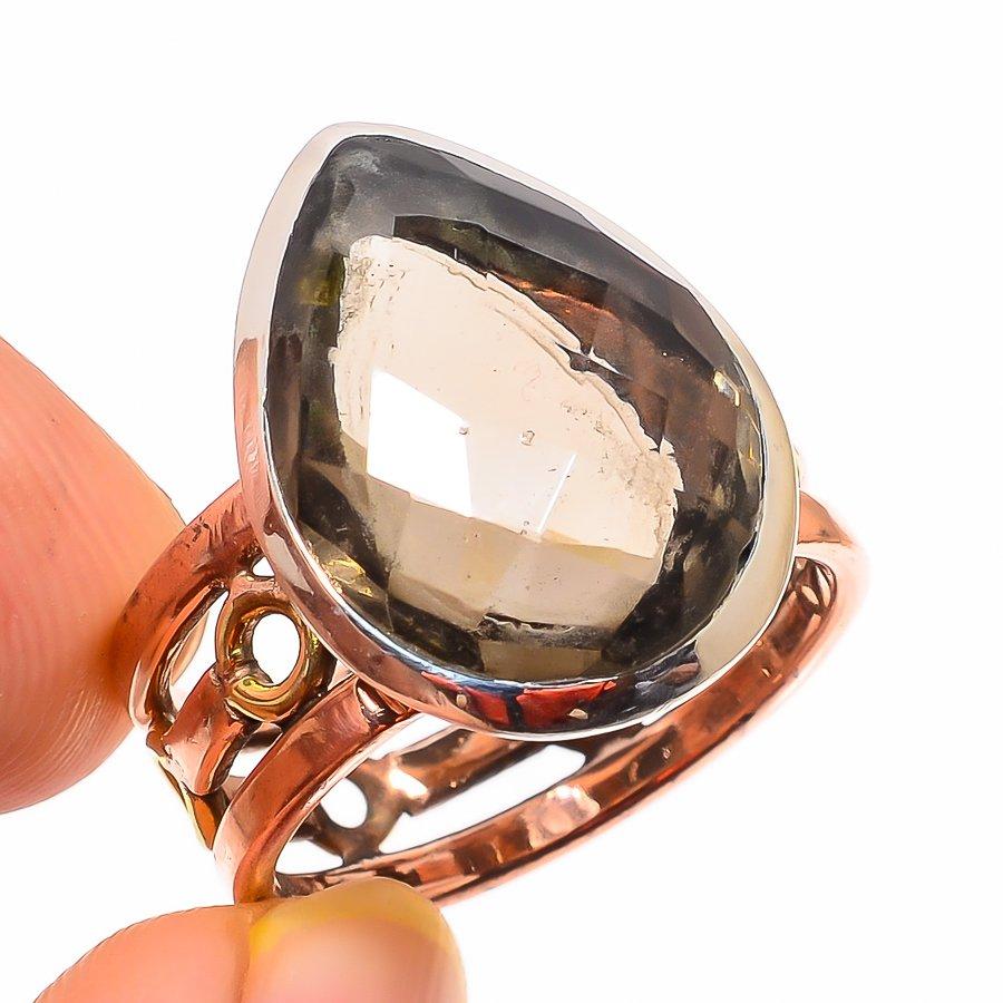 Natural Smoky Quartz Gemstone Two Tone 925 Sterling Silver Gift Ring S.9.5 S1Z47