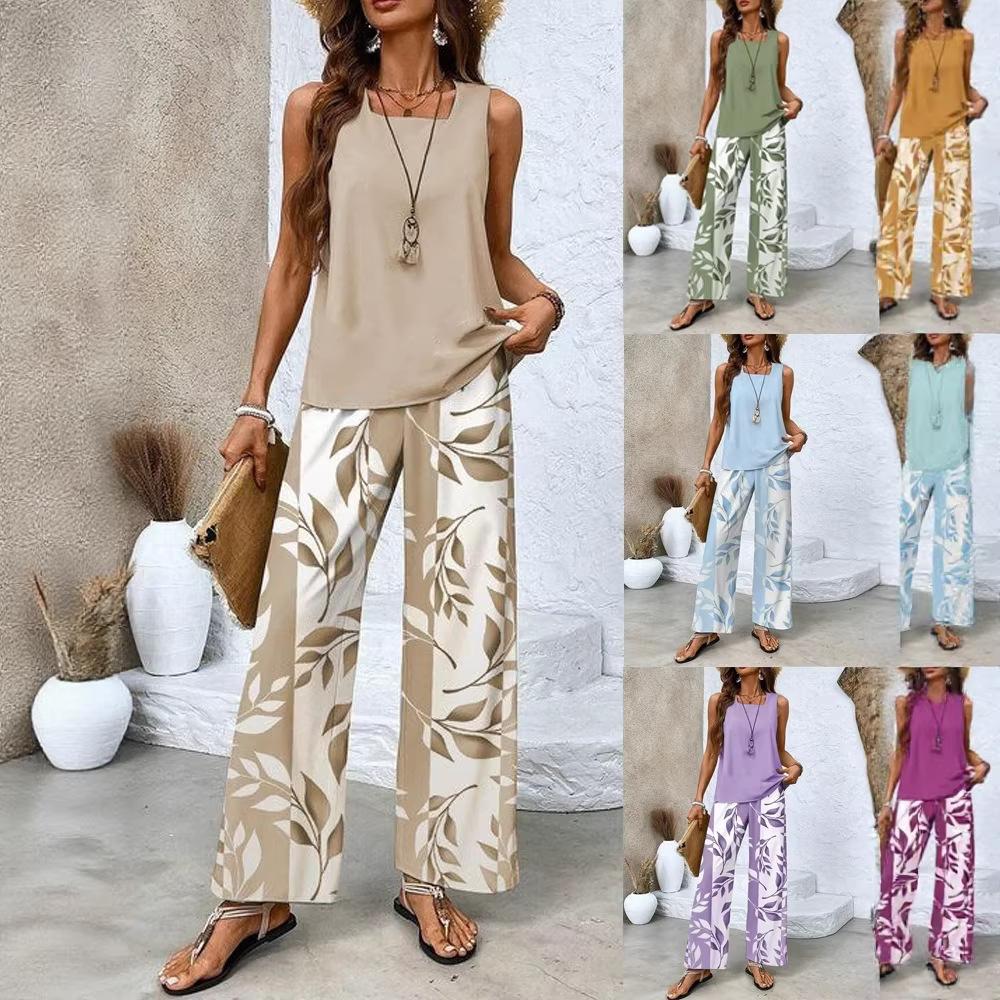 Women Fashion Casual Square Neck Pullover Vest and Long Pants Set, Digital Printed Two Piece Outfit, Daily Trendy Matching Suit