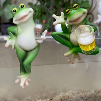 Miniature Frog Figurine Garden Drinking Frog Statue Planter Hugger Resin Frog Decoration for Flower Pot Edge Decor Balcony Yard