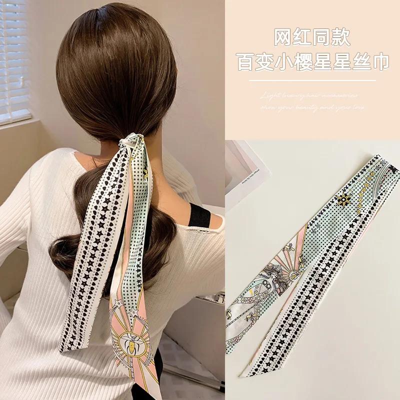 

Модный принт Шелковая длинная лента Шарф для волос для женщин Головной платок Бант Резинки для хвостика Головной убор