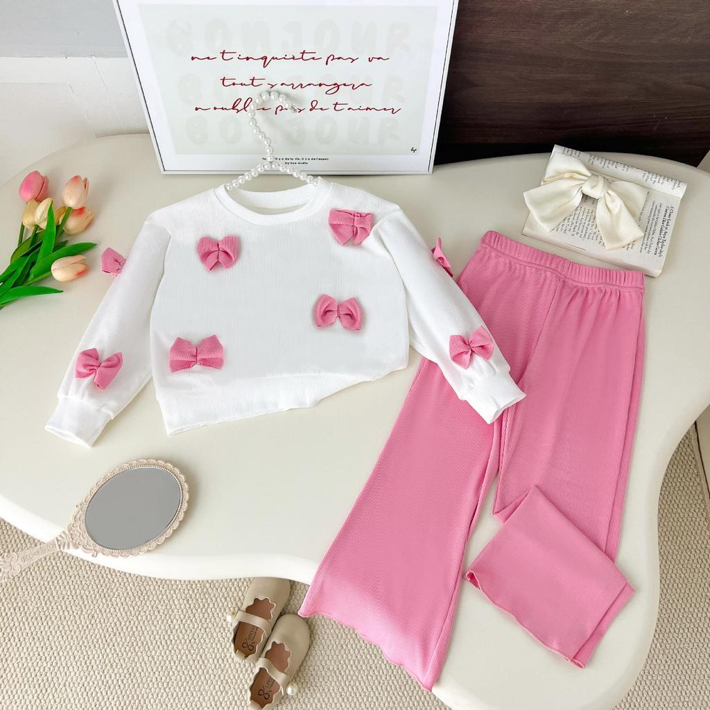 Spring & Autumn Girls' Two-Piece Outfit: Bow Long Sleeve Top + Bell Bottom Pants