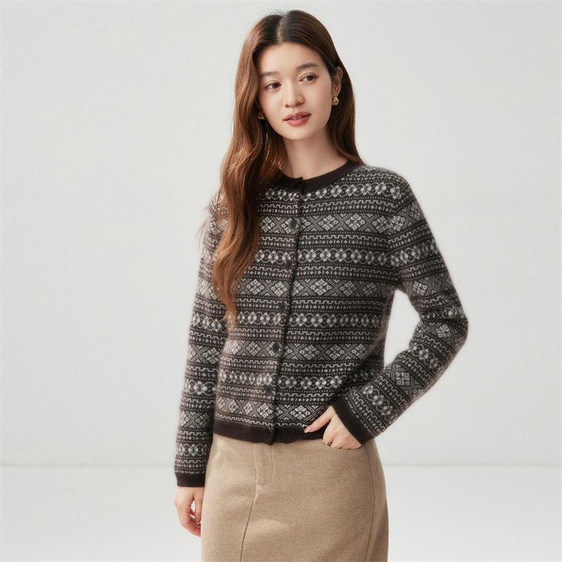 Women's Winter 2026 Fair Isle Cashmere Jacquard Cardigan – Thick, Warm, Versatile Round Neck Outerwear