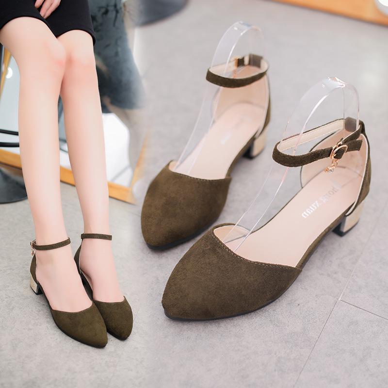 Fashion Shallow hollow women's single shoes closed toe mid-heel sandals with buckle straps pointed toe thick heels women's sandals