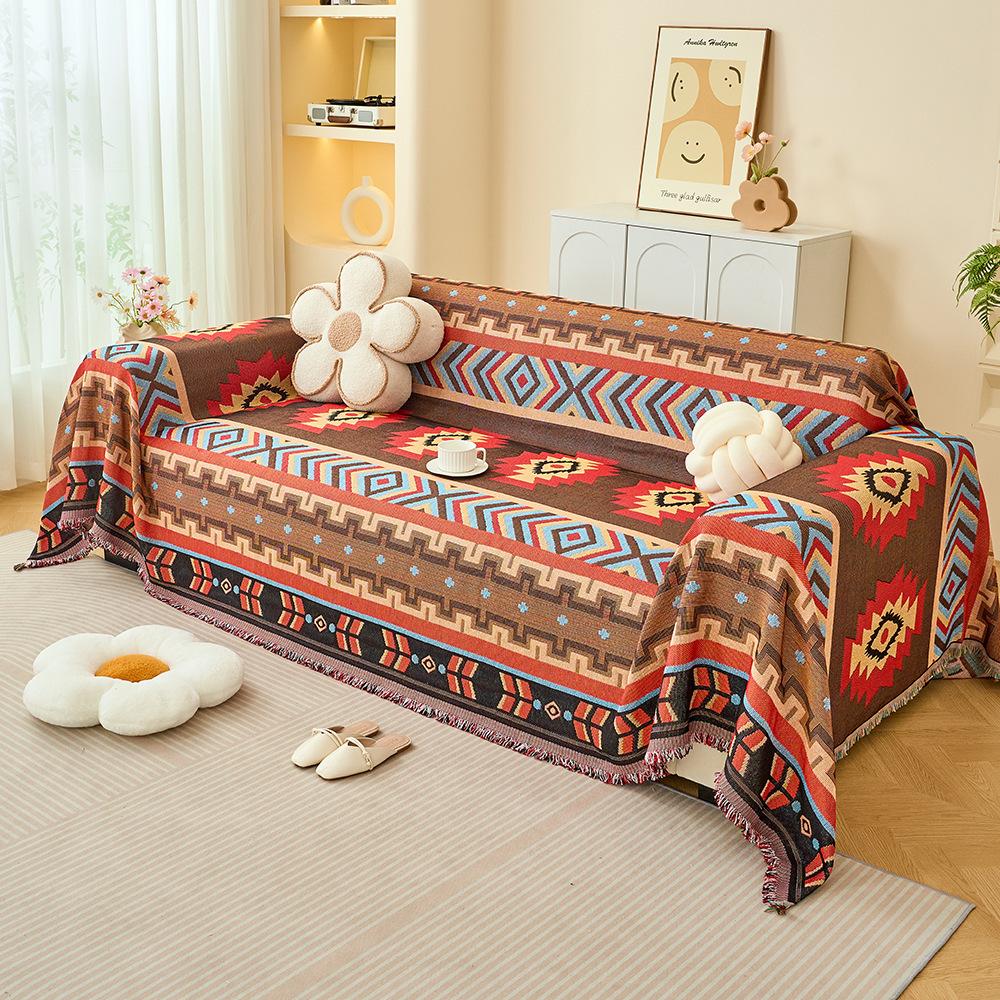 Aztec sofa towel cover bohemian fringed cotton yarn sofa cover vintage geometric woven thread blanket