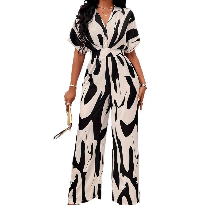 Spring and summer new European and American women's clothing full-body printed wide-leg jumpsuit