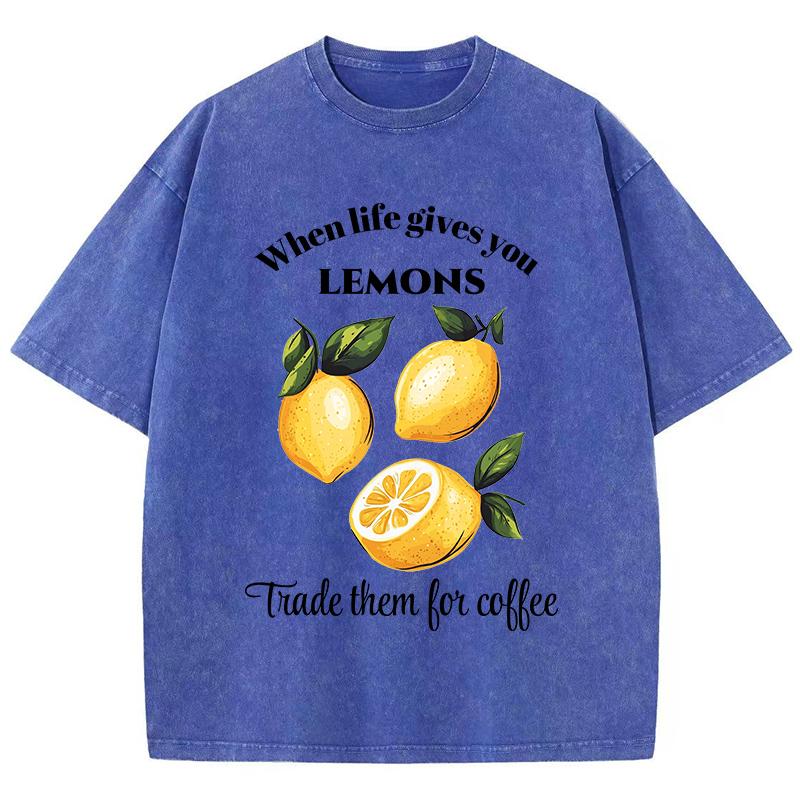 When Life Gives You Lemons Print Washed T Shirt Women Cotton Streetwear Distressed ONeck Comfortable Tops Summer Womans Clothes