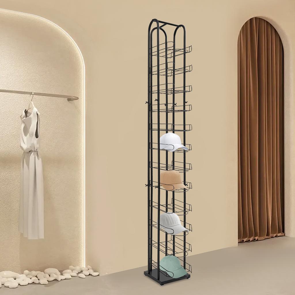 12 Tiers Iron Hat Rack,Black Freestanding Hat Display Stand 25.5*25.5*198cm for Homes,Clothing Stores