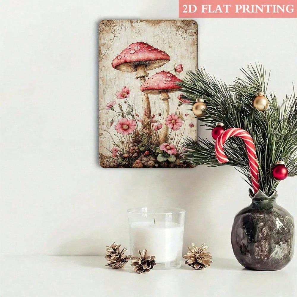 Enchanted Mushroom Flower Vintage Metal Plaque, Easter Decor for Living Room, Bedroom, Balcony, 7.87x11in