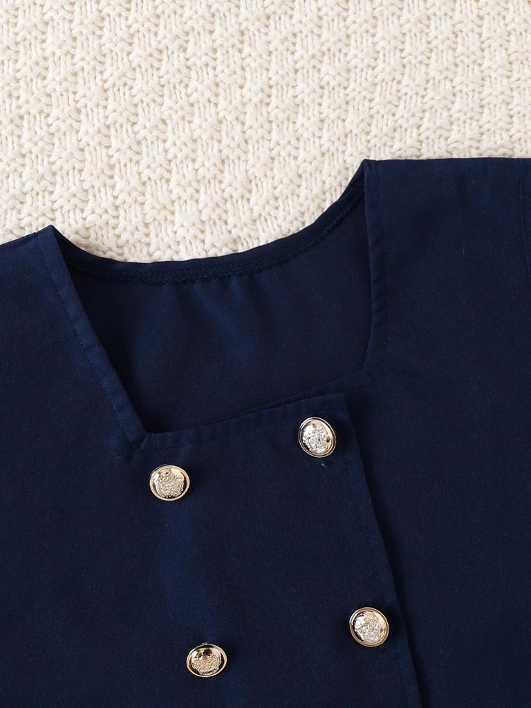 British Style Girls' Three-Piece Suit: Dark Blue Vest, White Long-Sleeve Shirt, Dress Pants