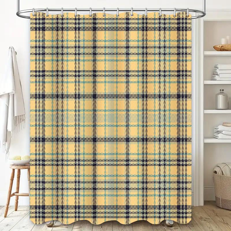 Plaid Bath Curtain Set Waterproof Polyester Shower Curtains with Rod Pocket Modern Decor for Bathroom 180x240cm Customizable Siz