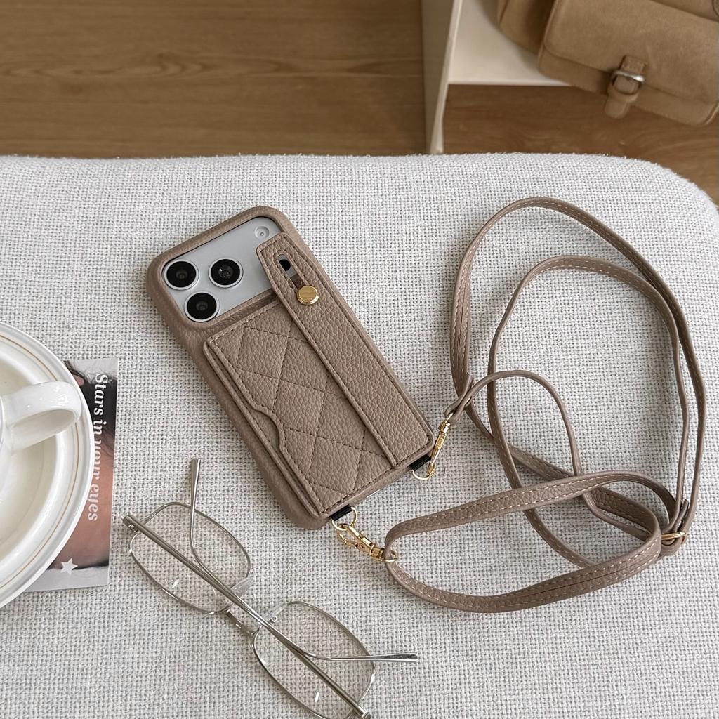 Crossbody Long Lanyard Quilted Leather Wristletband Cards Solt Phone Case for iPhone 17 Pro Max 16 15 14 13 12 Shockproof Cover