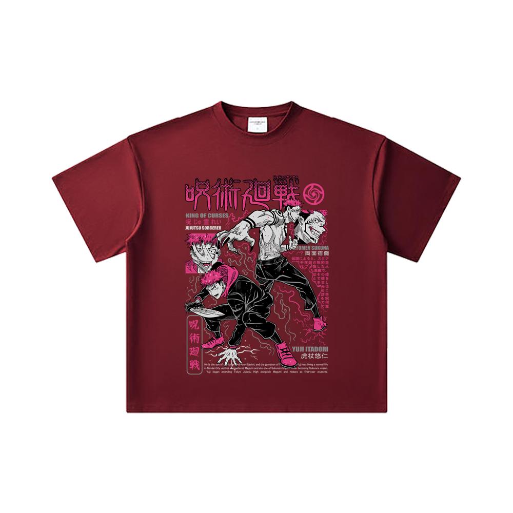 

260 GSM Double Yarn 32 Count 100% Cotton Jujutsu Kaisen V34 Yuji Sukuna Print Unisex Heavy Cotton T Shirt 2XL вина червоного кольору