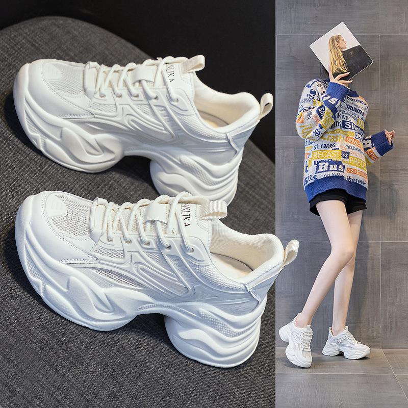 Spring Shoes New Versatile Thick-Soled Sports Breathable Mesh Small White Heightening Casual Explosion Dad Shoes Girl