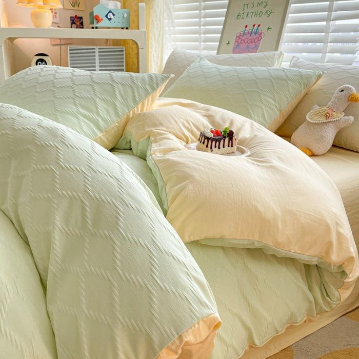 Washed Cotton Four-piece Set, Simple Bed Sheet Quilt Cover, Dormitory Pure Cotton Solid Color Three-piece Set