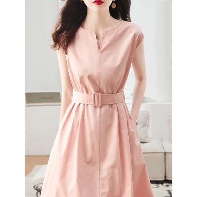 Ärmelloses V-Ausschnitt-Kleid für Damen im Frühling und Sommer Neu Schnürung in der Taille Pendeln Locker Lässig Rosa Schlanker Rock