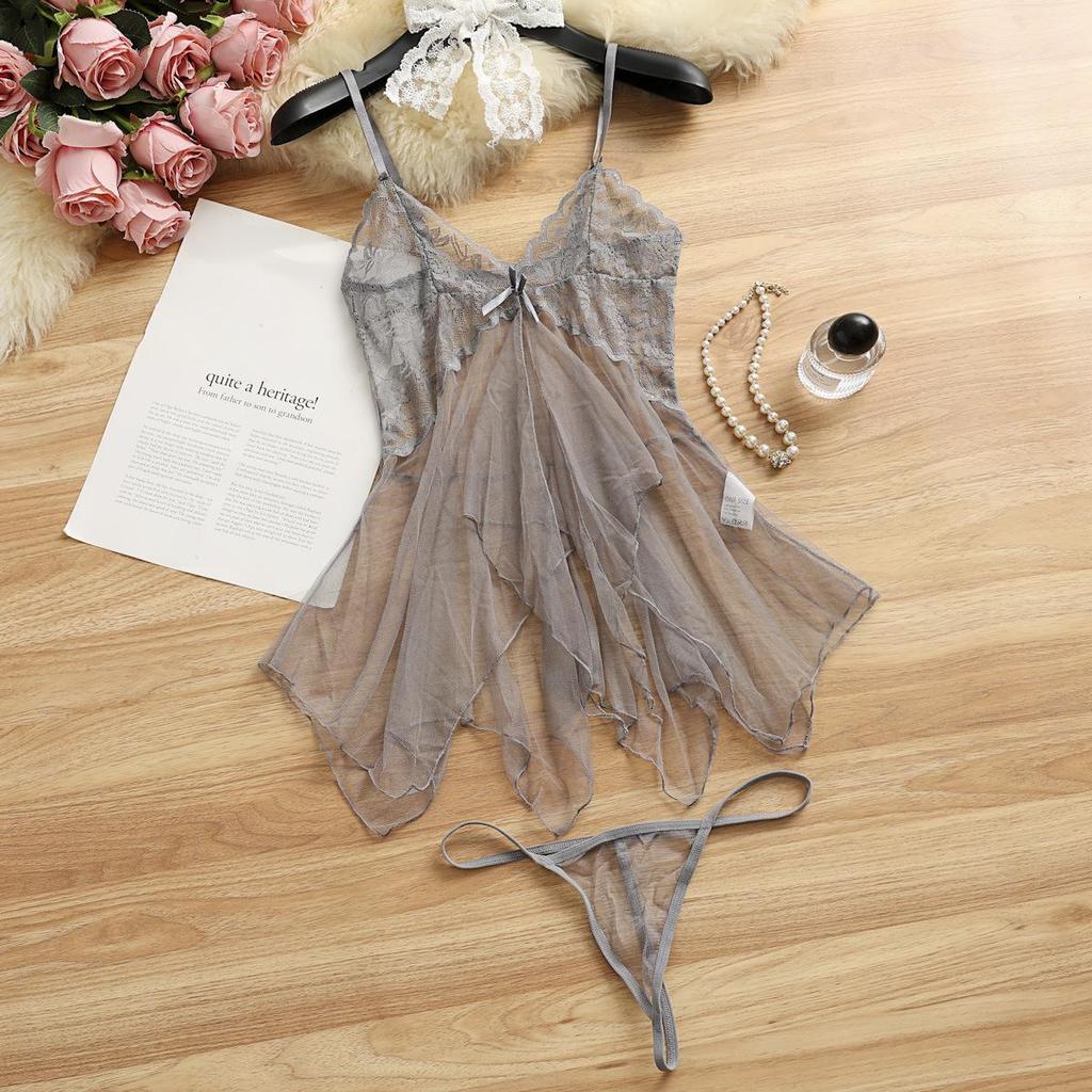 Sexy Fishnet See-Through Tulle Lingerie Nightdress Set 7031