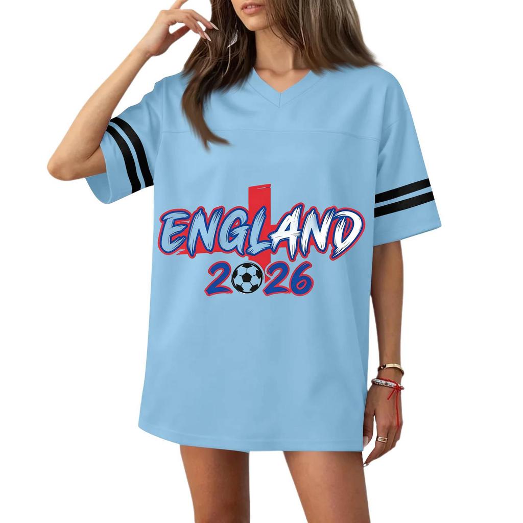 Women V Neck Short Sleeve Casual Loose Fit Sports T Shirt with 2026 Football Flag Print for Outdoor Activities