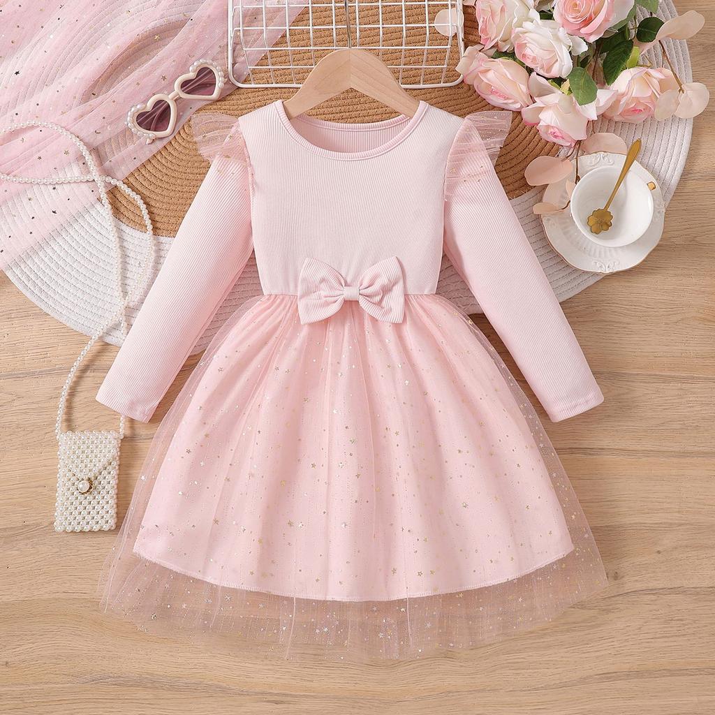 Foreign Trade Baby Girl Long-sleeved Bow Dress 2026 Autumn New Style Little Girl Fashionable Mesh Dress Princess Dress