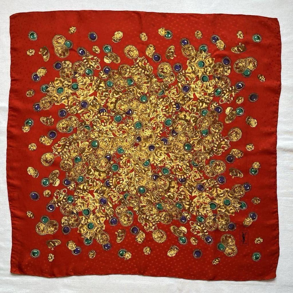 Used YVES SAINT LAURENT Yves Saint Laurent Scarf Silk Baroque Jewelry Red Gold Thin Large Vintage