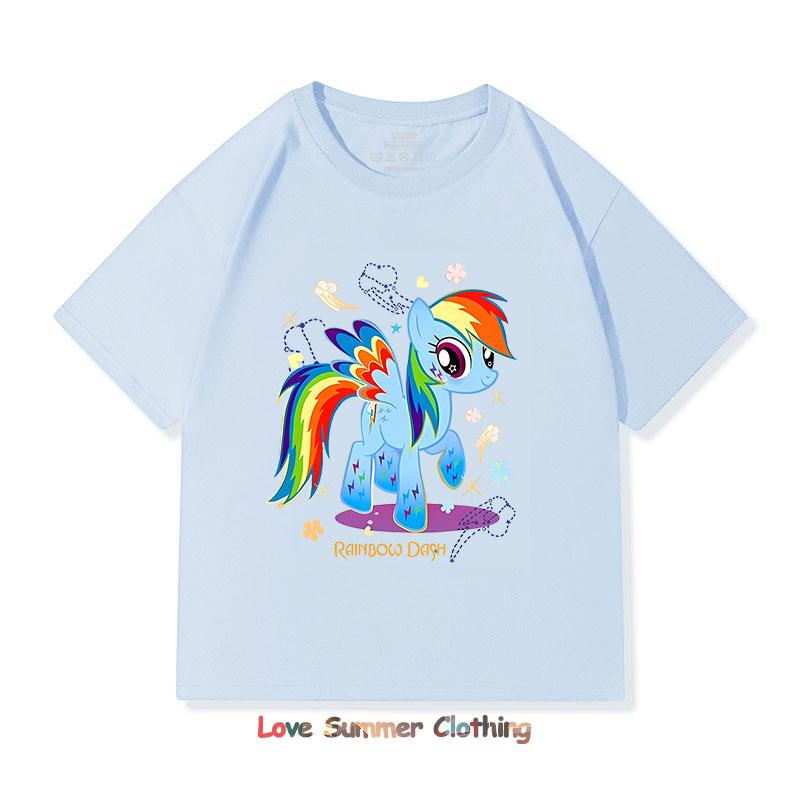 

Милая футболка с графическим рисунком с коротким рукавом «Маленький пони» для маленьких девочек, розовая с мультяшным узором, 4-14 лет, летняя одежда для малышей, одежда для девочек, топы для девочек 100