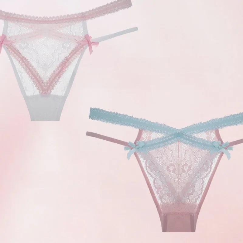Cross Bandage Lace Embroidery Sexy Women's Underwear Low Waist Transparent Bow Panties Cotton Crotch Soft Thin Briefs Lingerie