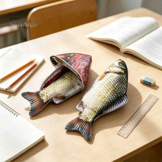 Interesting School Gift for Friends Realistic Crucian Carp Pencil Case, 3D Bionic Fish Shape Stationery Funny Case Pouch, Large Capacity Zippered