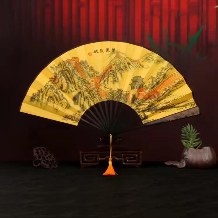 Retro style men's big folding fan with fan tassel Portable daily decorative hand fan Laser engraving fan bone Durable hand fan