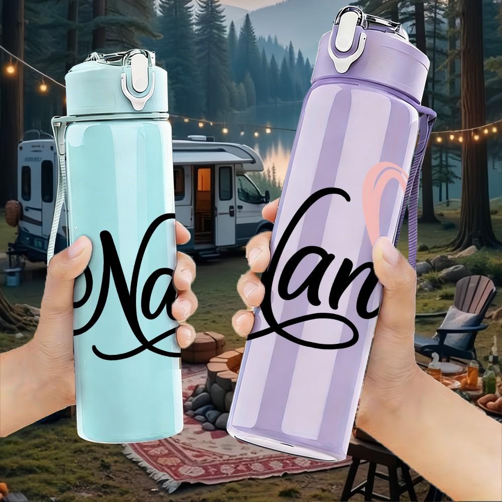 1PC Nana Pink Heart Cursive 750ml Color Plastic Sports Water Bottle Leakproof Flip Straw Lid Suitable for Sports Office Home Use