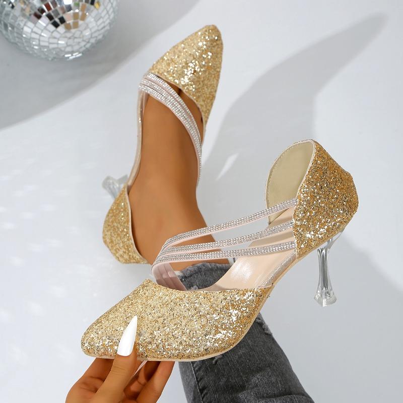 Modă Sexy Tocuri Înalte Champagne cu Vârf Ascuțit Pantofi Noi cu Cristale Strălucitoare pentru Nuntă Pantofi Simpli și Eleganți de Damă pentru Rochie