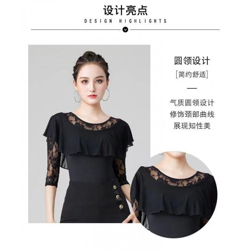 Womens Latin Dance Top With 3/4 Sleeves Round Neck Practice Wear Ballroom Dancing Fall Winter