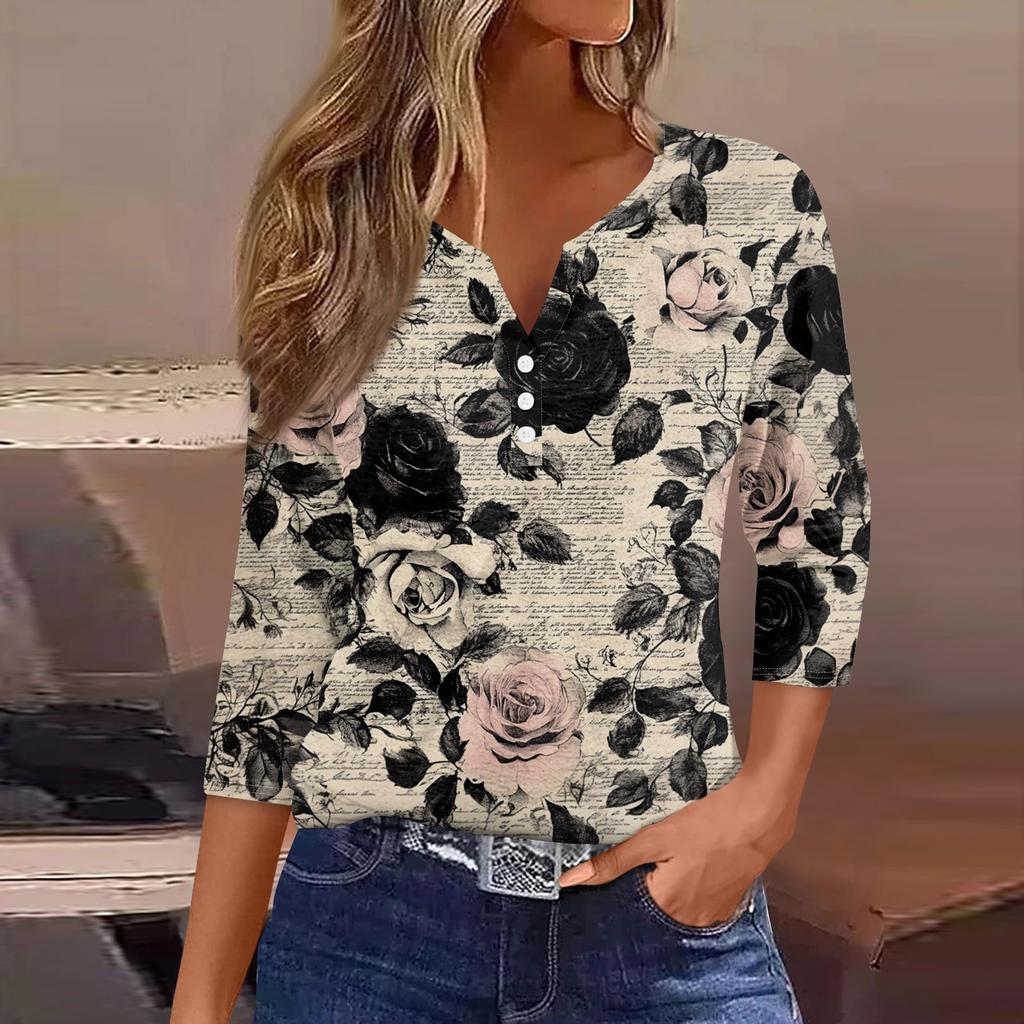 Damska koszulka z nadrukiem na guziki, rękaw 3/4, codzienna, weekendowa, modna, podstawowa, dekolt w serek, regularny top