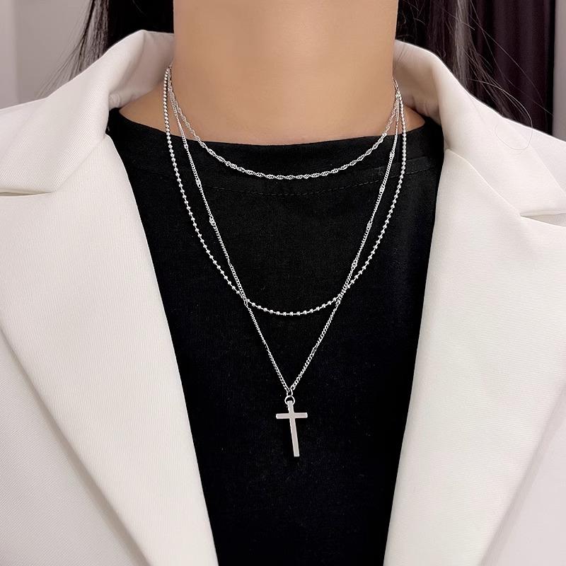 Cross Pendant Layered Chain Necklace for Women Trendy Design Collarbone Chain