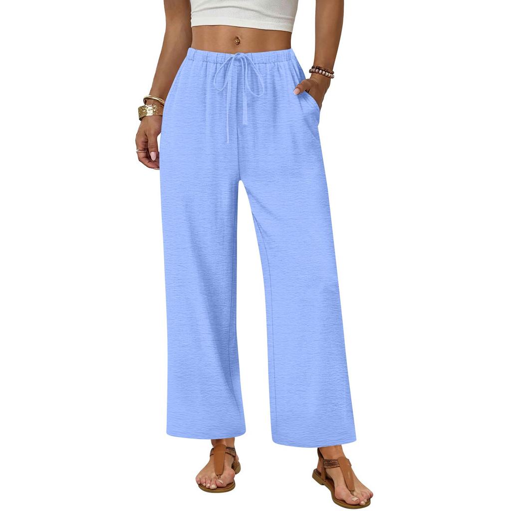 Women's Fashionable Wide-Leg Drawstring Pocket Plain Loose-Fit Cropped Casual Trousers