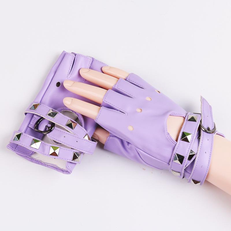 Women's Half-Finger Leather Dance Gloves with Rivets and Chains for Pole, Street, and Performance