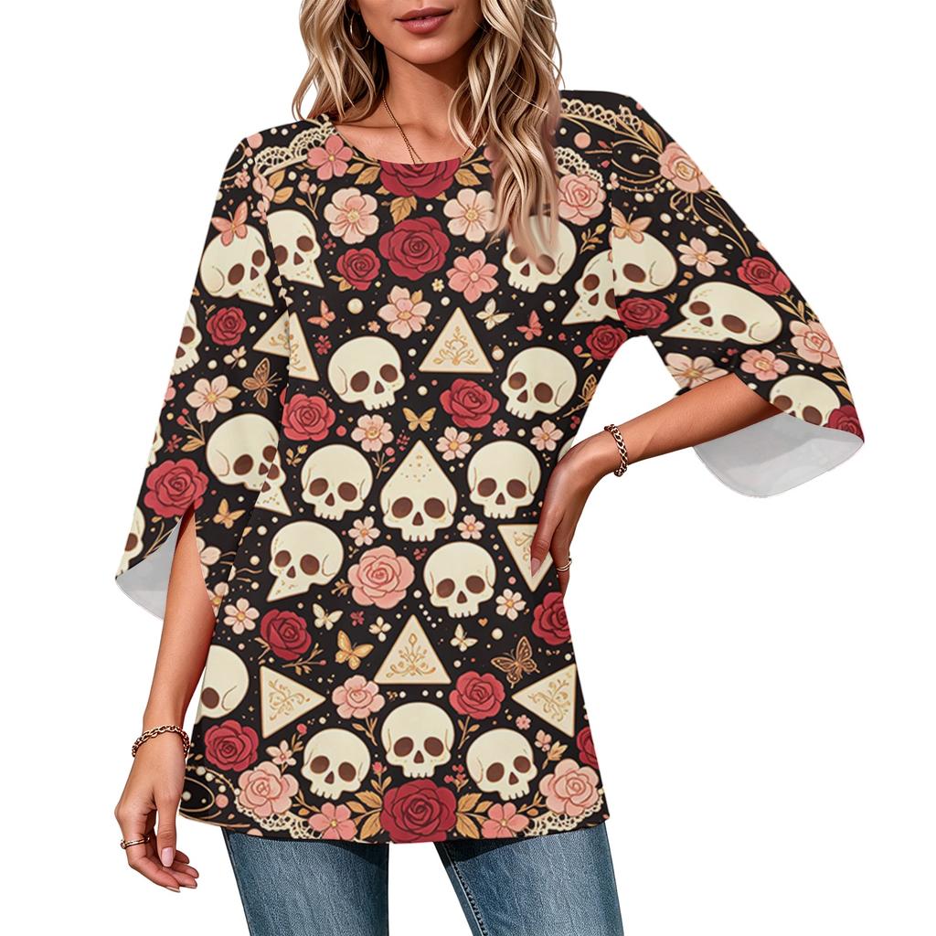Women's Casual Loose Fit Three-Quarter Sleeve Neck Top with Halloween Print