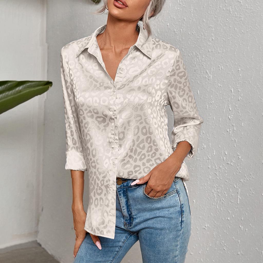 Women's Lapel Button,down Leopard Print Elegant  Long Sleeve Shirt