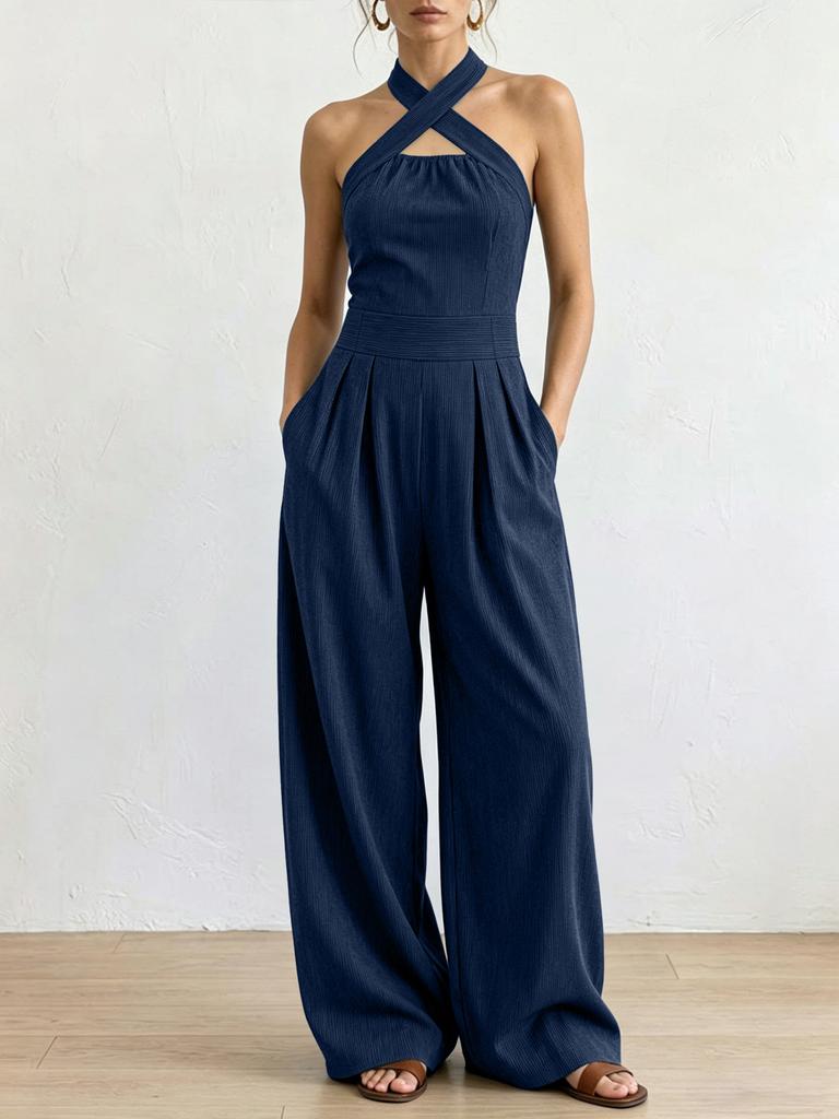 Women Cross Neck Halter Wide Leg Jumpsuit Solid Color Pleated Backless Elegant Long Pants Romper