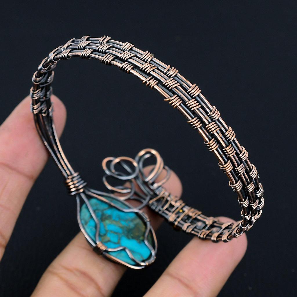 Tibetan Turquoise Bangle, Handmade Gemstone Bangle, 999 Copper Wire Wrapped Antique Jewelry, Gift For Love