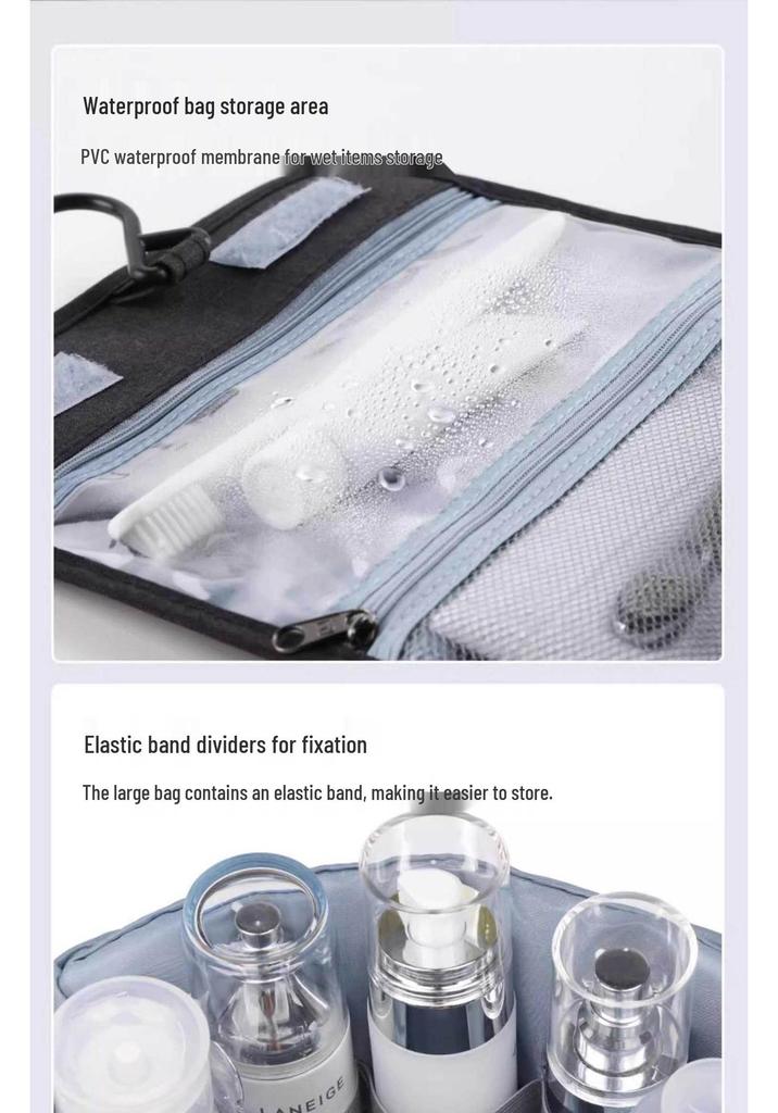 Foldable Waterproof Travel Wash Bag with Wet/Dry Separation and Wall-Hanging Design