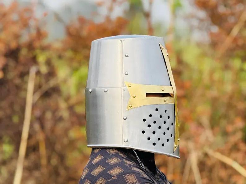 Templar Crusader Knight Helmet – Medieval Great Helm, Larp And Cosplay Helmet ,Handmade Steel & Brass Helmet , Collectible Gift