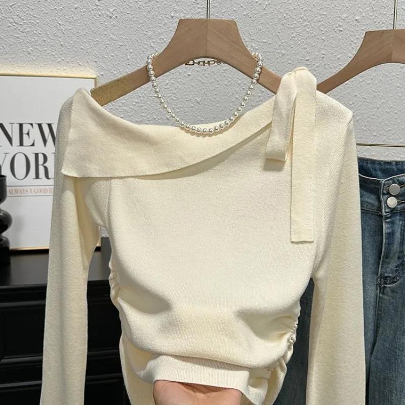 

Design Niche Slim Base High-end and Unique Off-shoulder Top Temperament Knitted T-shirt for Women in Autumn OneSize