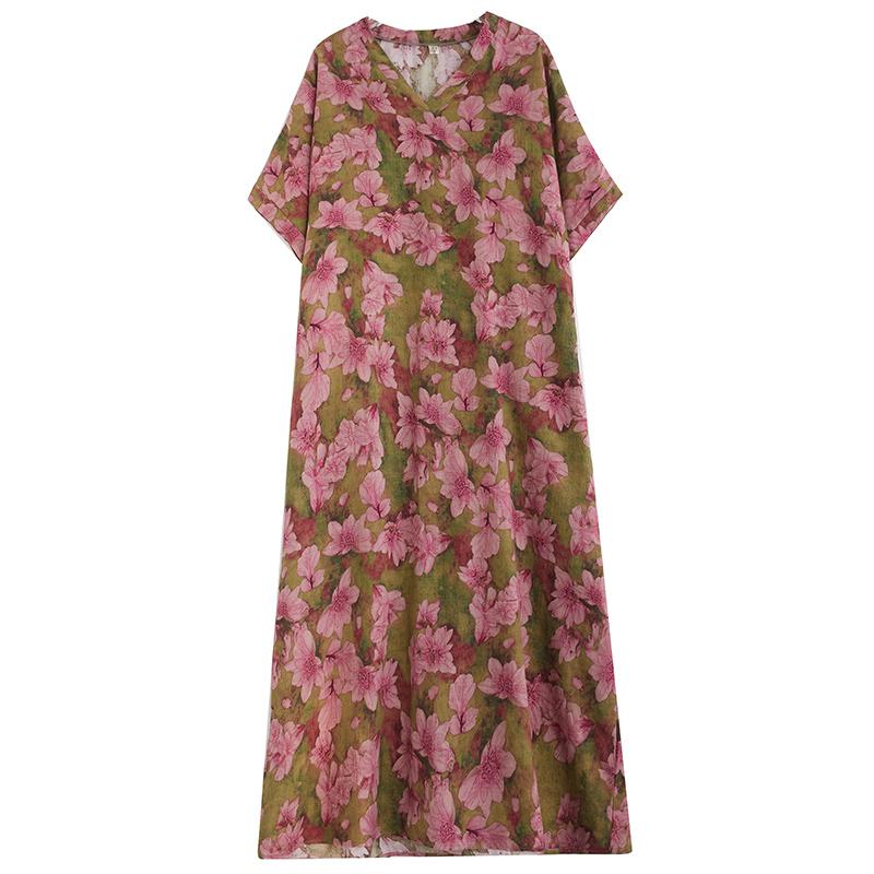 DIMANAF 2024 Plus Size Summer Women Beach Basic Loose Style Vintage Long Bohemian Dress Floral Print Dresses