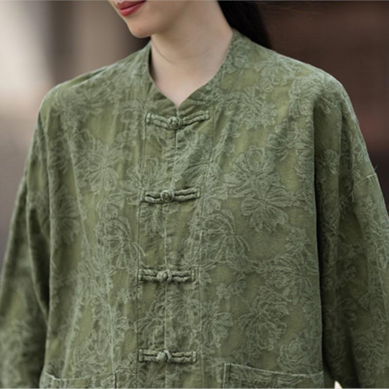 Johnature Women Vintage Jacquard Shirts Tops Stand Long Sleeve Pockets Blouse Autumn Chinese Style Shirts
